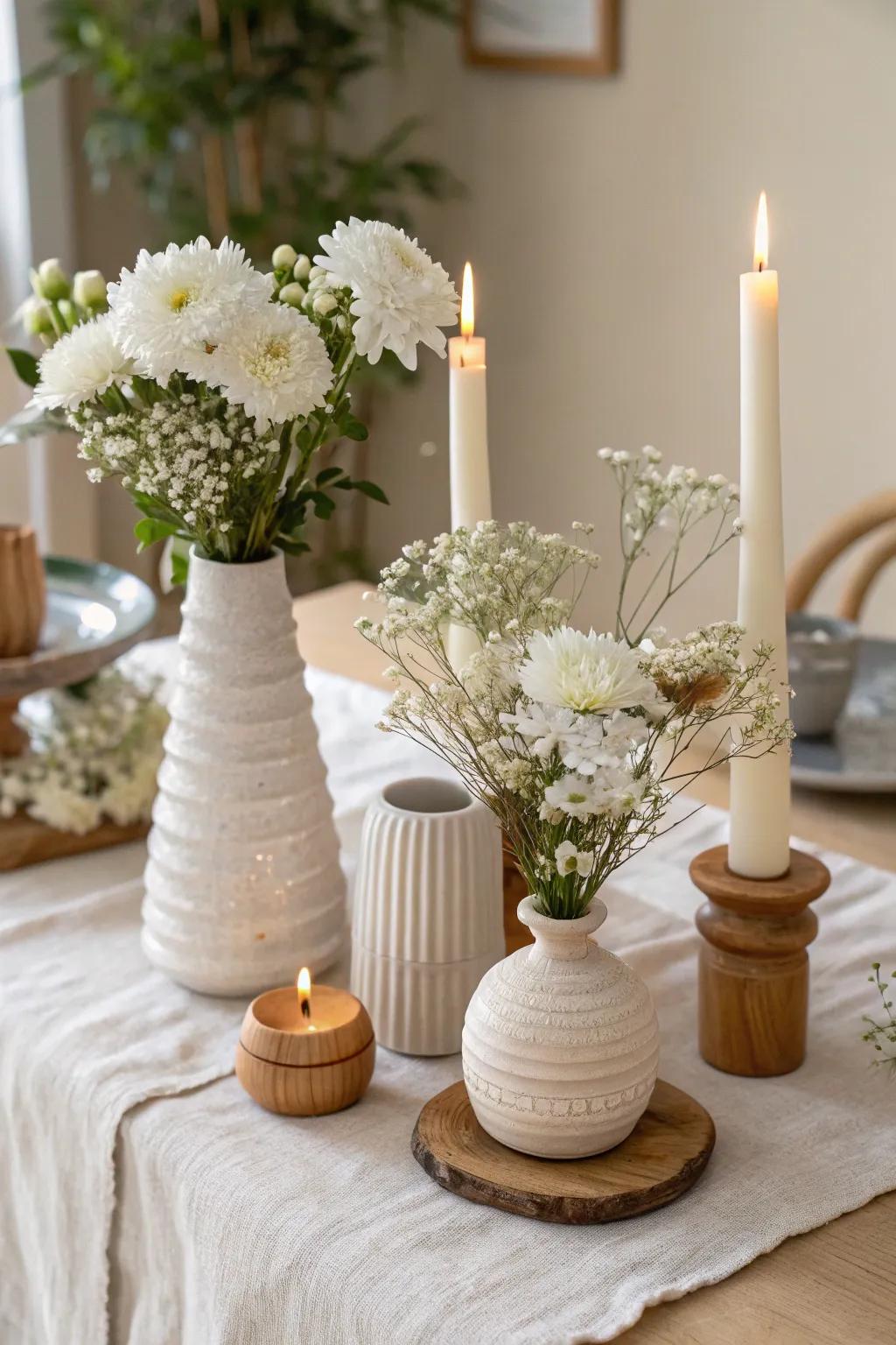 Cozy elegance: White flowers and candles set the mood for intimate gatherings.