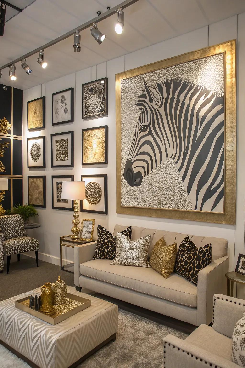 A gallery wall with zebra print adds personality and depth to your living room decor.