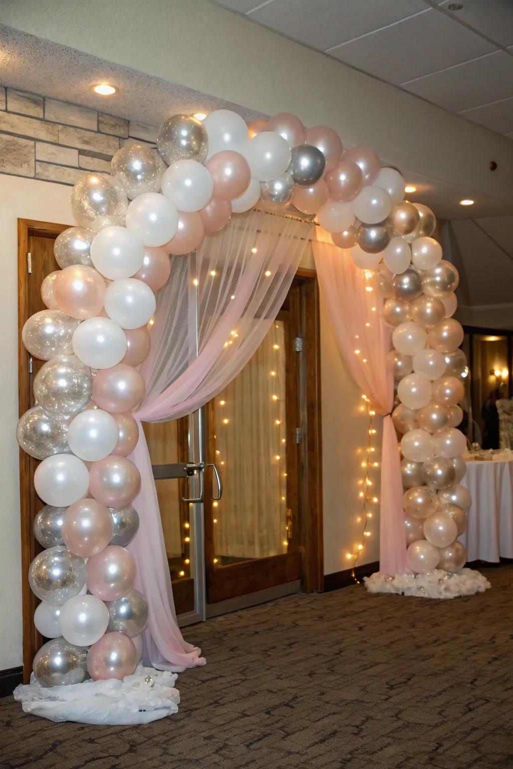 Welcome your guests with a breathtaking pearl-inspired balloon arch that sets the scene for elegance and joy. 🎈 #AnniversaryCelebration #BalloonDecor