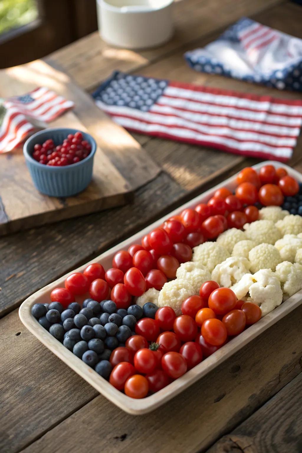 This American flag veggie tray is both festive and fresh, perfect for your Independence Day celebration.
