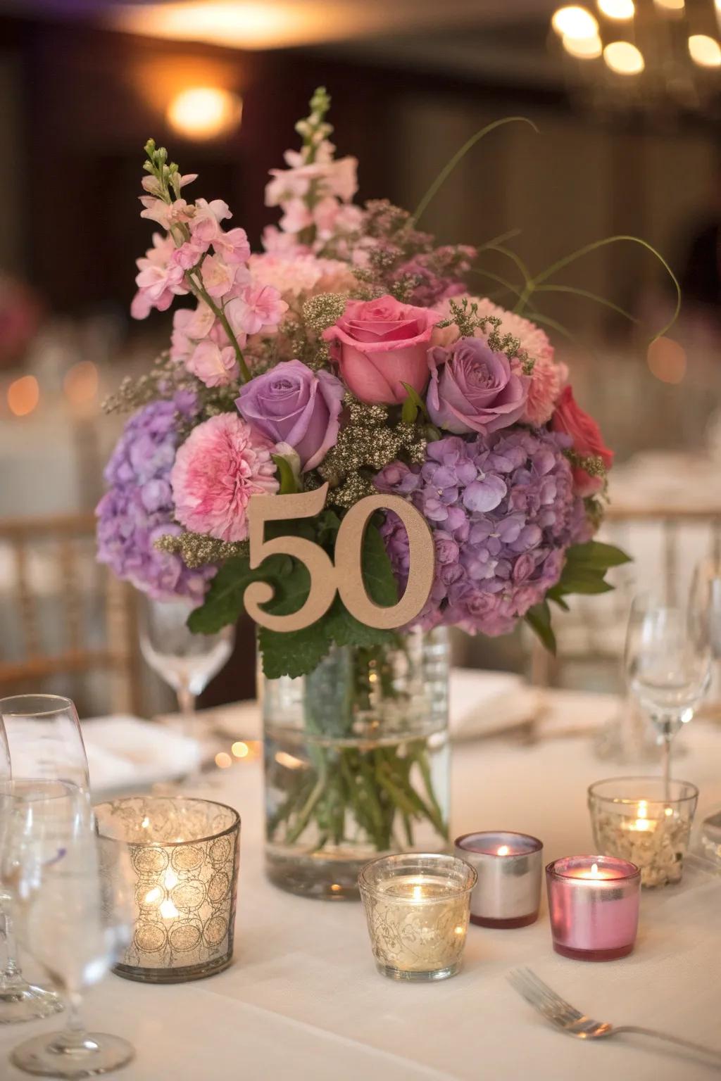 Elevate your birthday table with a classic floral centerpiece, perfect for a 50th celebration.