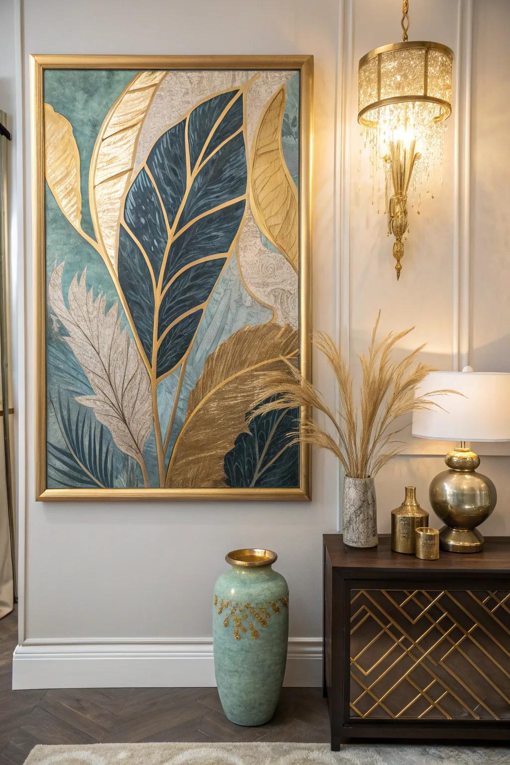 Fluid abstract patterns enhanced with gold leaf create a striking centerpiece in any room.