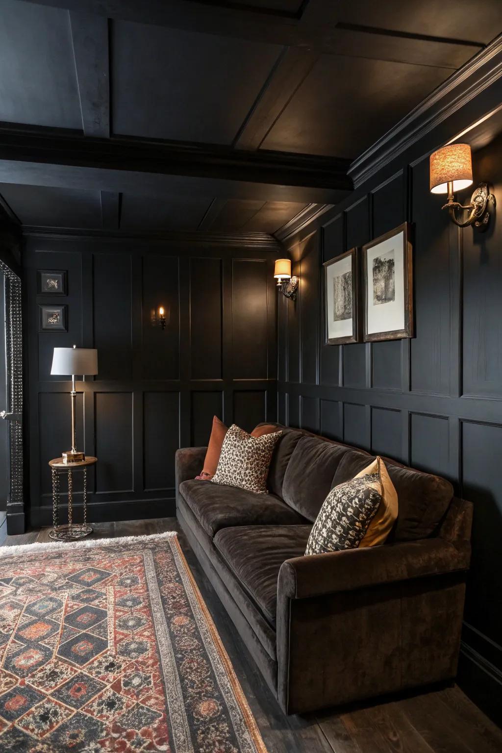 An immersive all-black room with walls and ceiling that envelop you in a cozy cocoon. #InteriorDesign #AllBlack