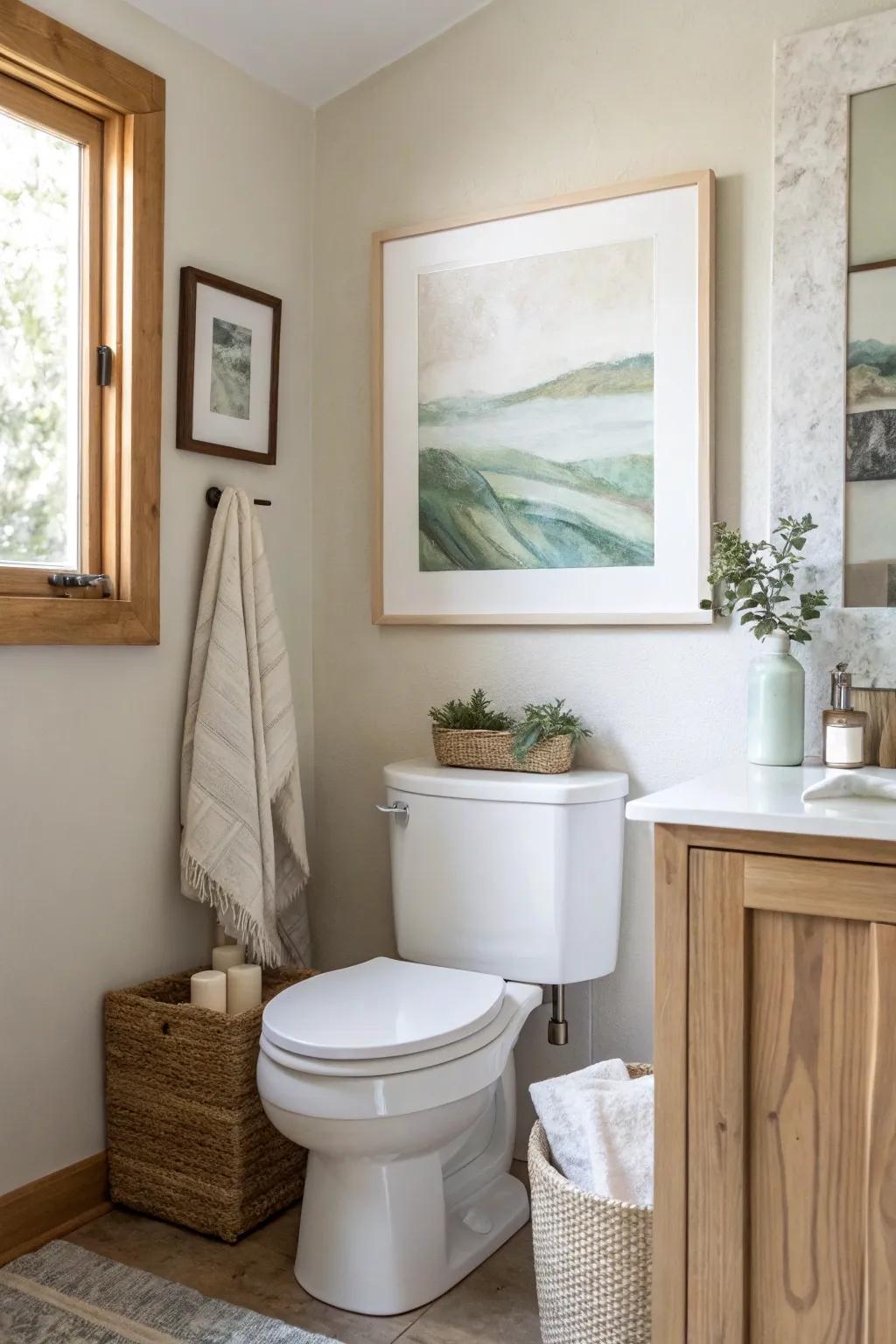 A single framed artwork can transform your bathroom into a serene escape.