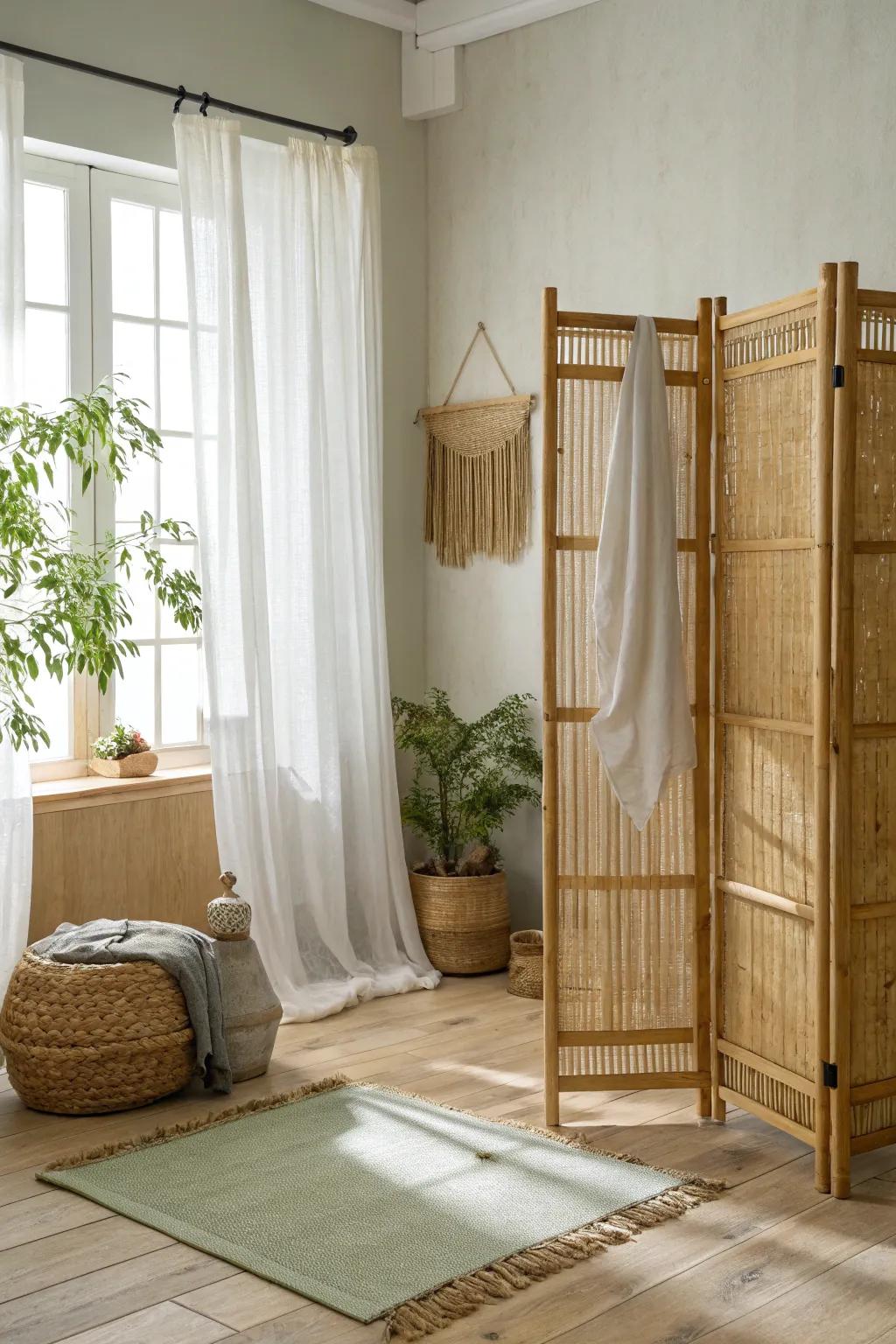 Add serenity to your bathroom with bamboo stick room dividers that offer stylish privacy. #BathroomDecor #SpaVibes