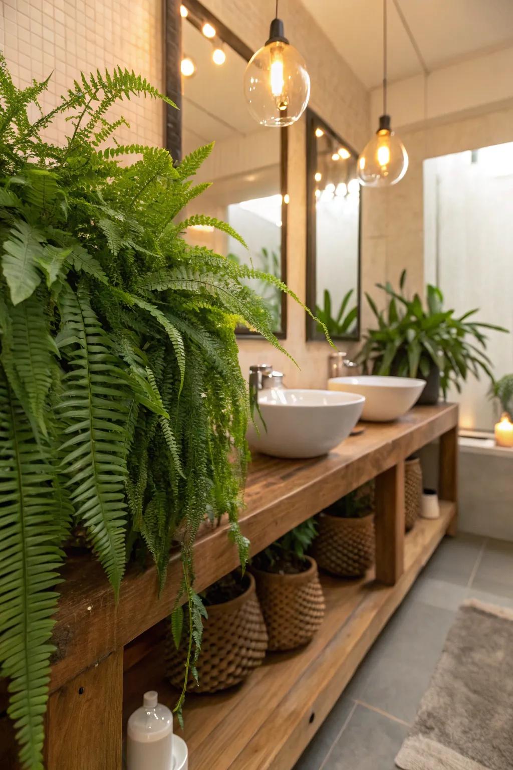 Bring a slice of the tropics into your bathroom with cascading ferns. 🌿 #BathroomGoals #HomeDecor