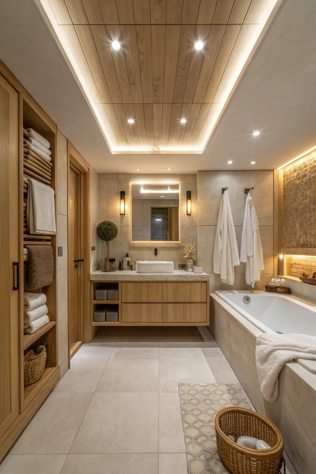 Recessed lights in soffits offer a contemporary touch, perfect for a serene bathroom vibe.