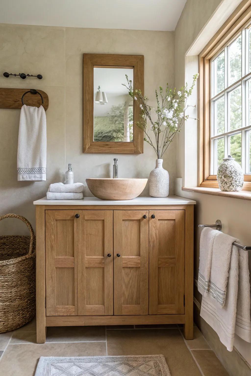 Shaker style oak cabinets provide a classic and clean aesthetic, perfect for any modern bathroom.