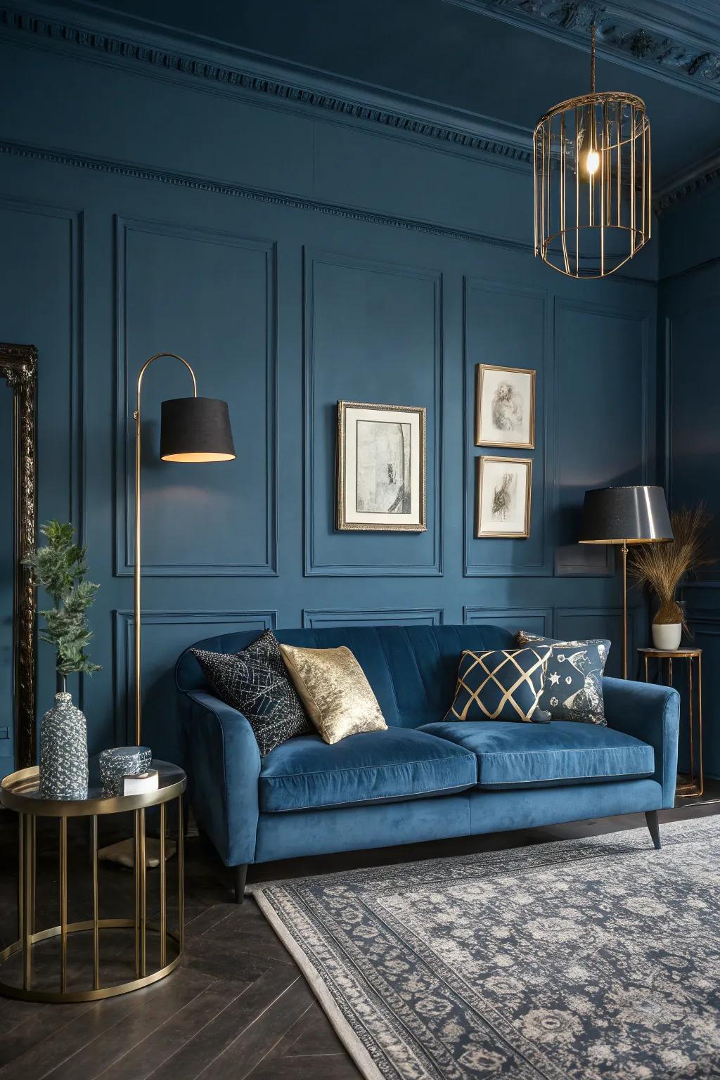 Deep blue walls provide a calming yet bold backdrop for any living space. #DeepBlue #HomeInspiration