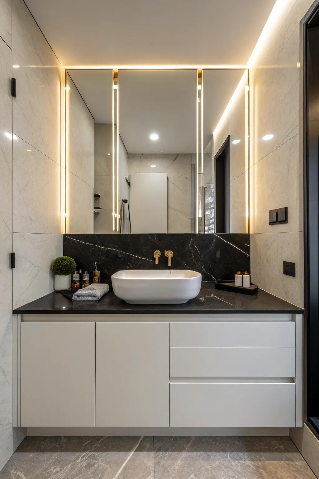 Embrace the simplicity of modern minimalism with black countertops and sleek white cabinetry.