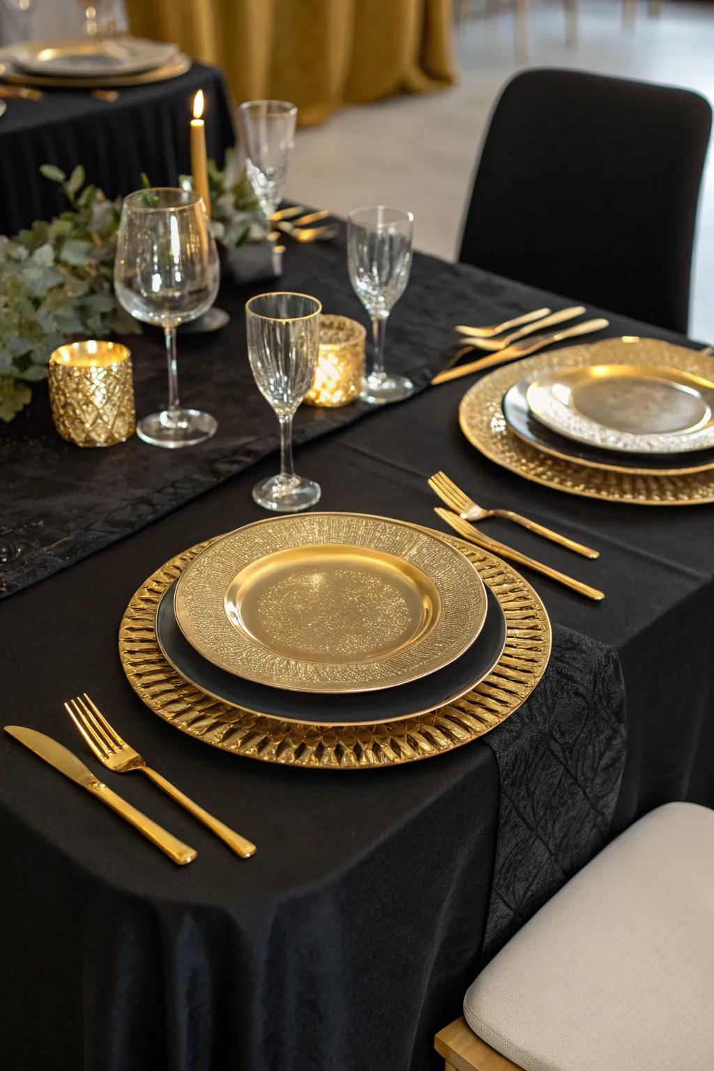 Gold accents against a black tablecloth create a glamorous dining experience.