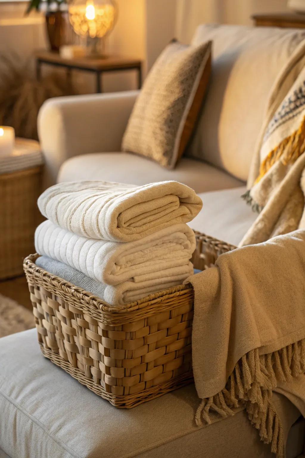 A classic folded stack of blankets adds a touch of elegance to any space. #HomeDecor #CozyLiving