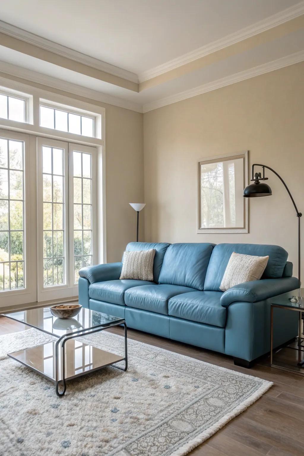 Discover the beauty of minimalism with a blue leather couch as your room's centerpiece.