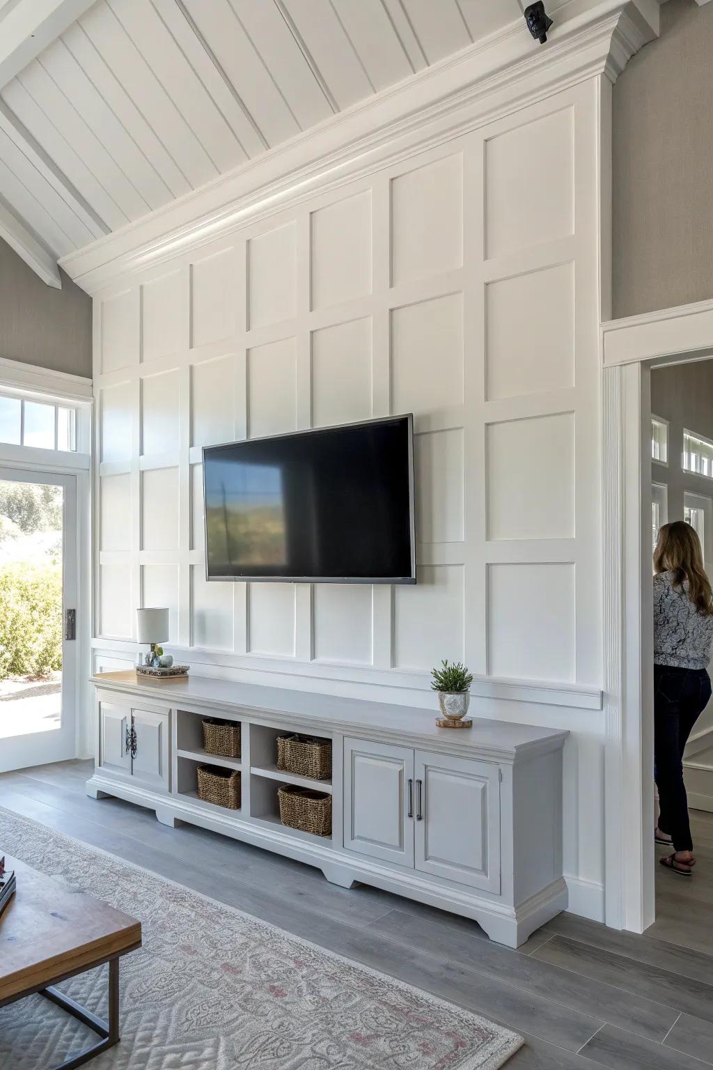 Illuminate your space with a classic white board and batten wall, perfect for a fresh, inviting look.