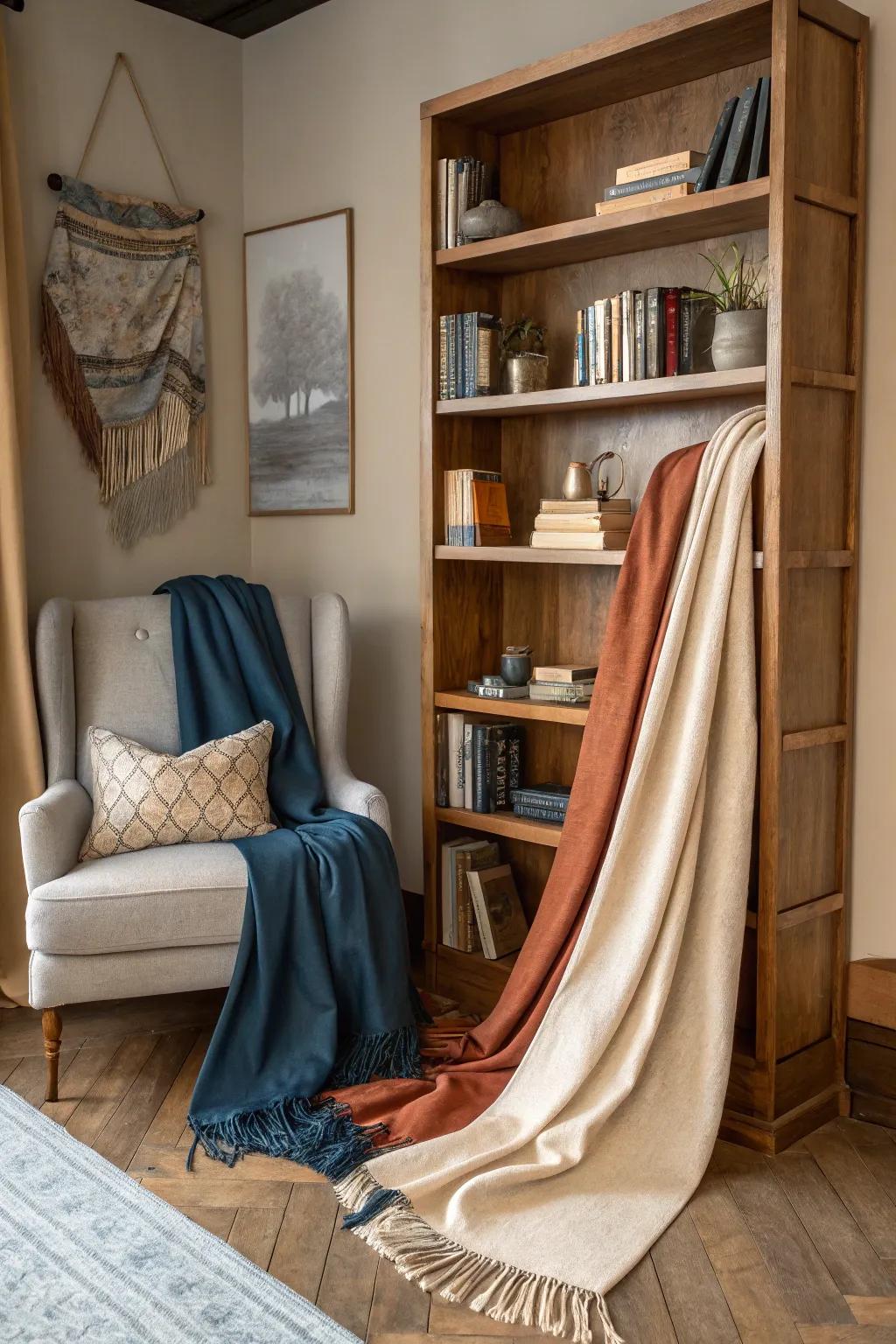 Elegant fabric drapes turn any ordinary bookshelf into a statement piece. #HomeDecor #CozyLivingRoom