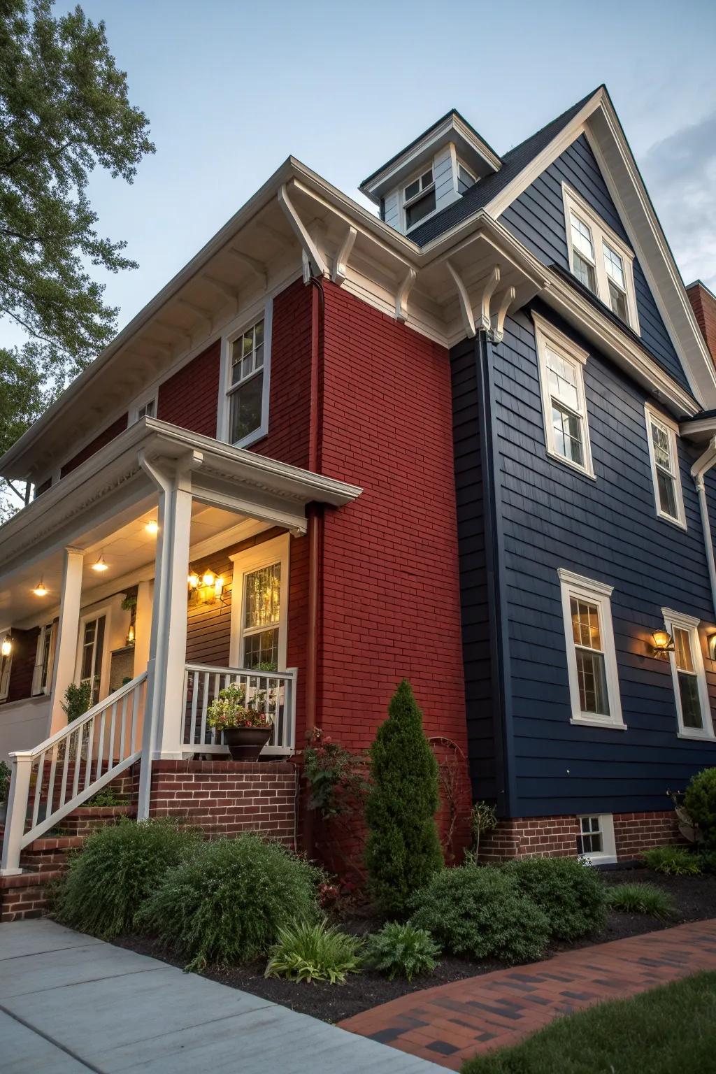 Timeless elegance with a modern twist: red brick meets navy siding.