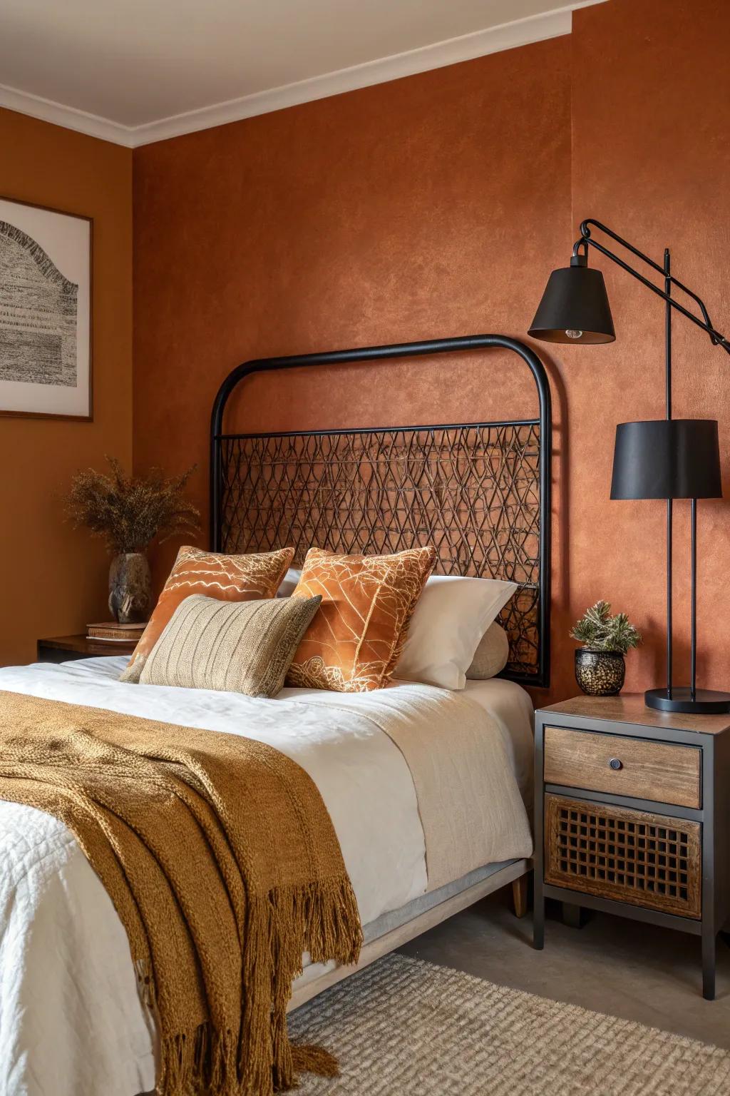 An accent wall in burnt orange creates a bold statement, perfectly complemented by sleek black decor.