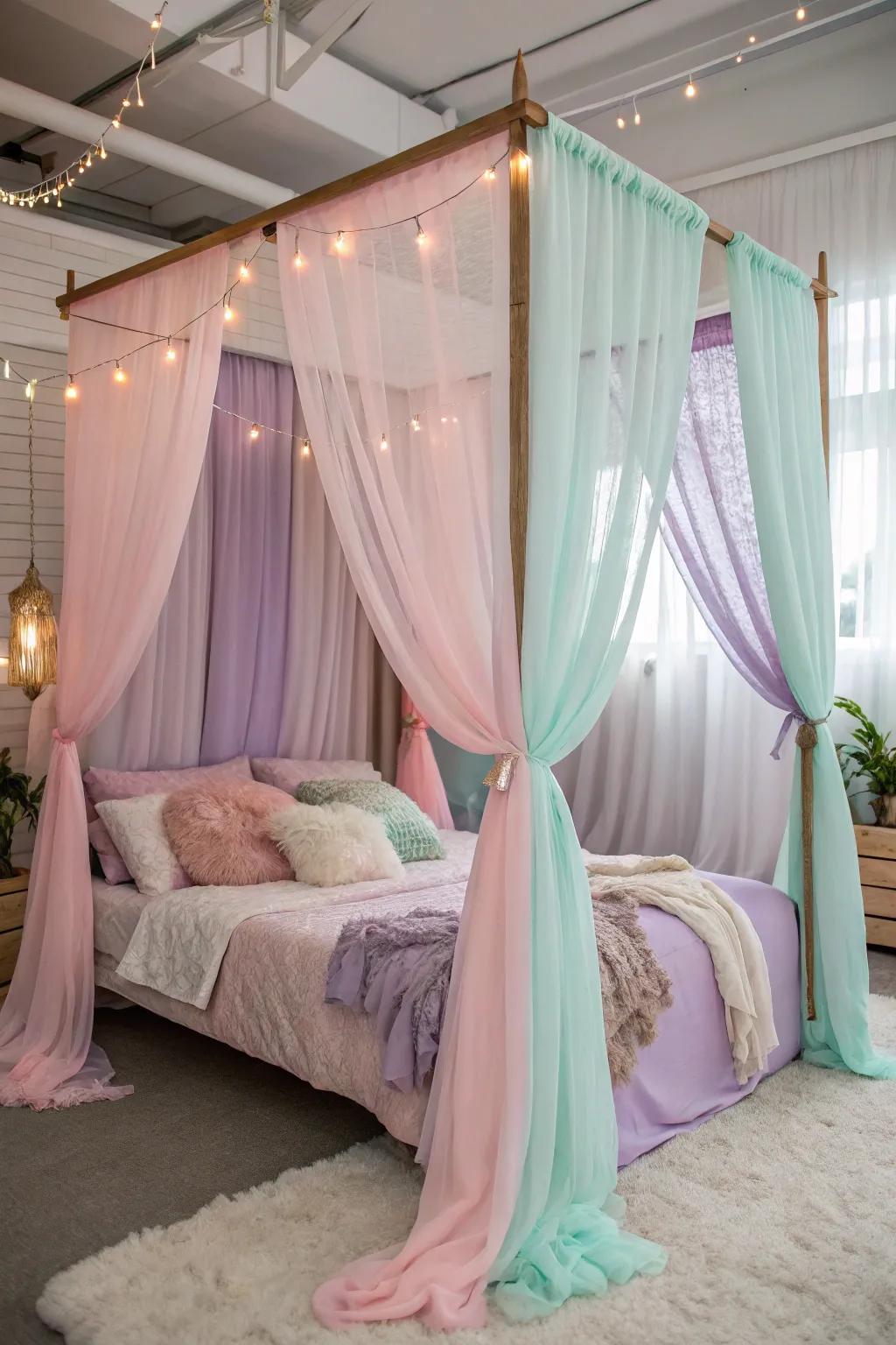 Immerse in the calming embrace of pastel colors, perfect for a dreamy escape. 🍃 #PastelParadise #CanopyDream