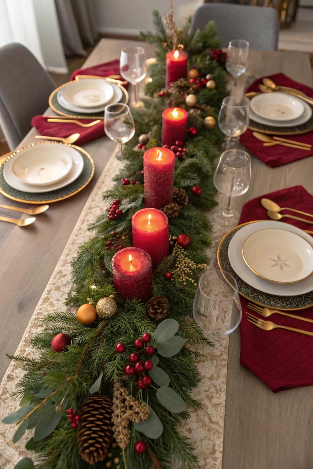 Set the scene with traditional Christmas colors for an inviting and elegant brunch table.