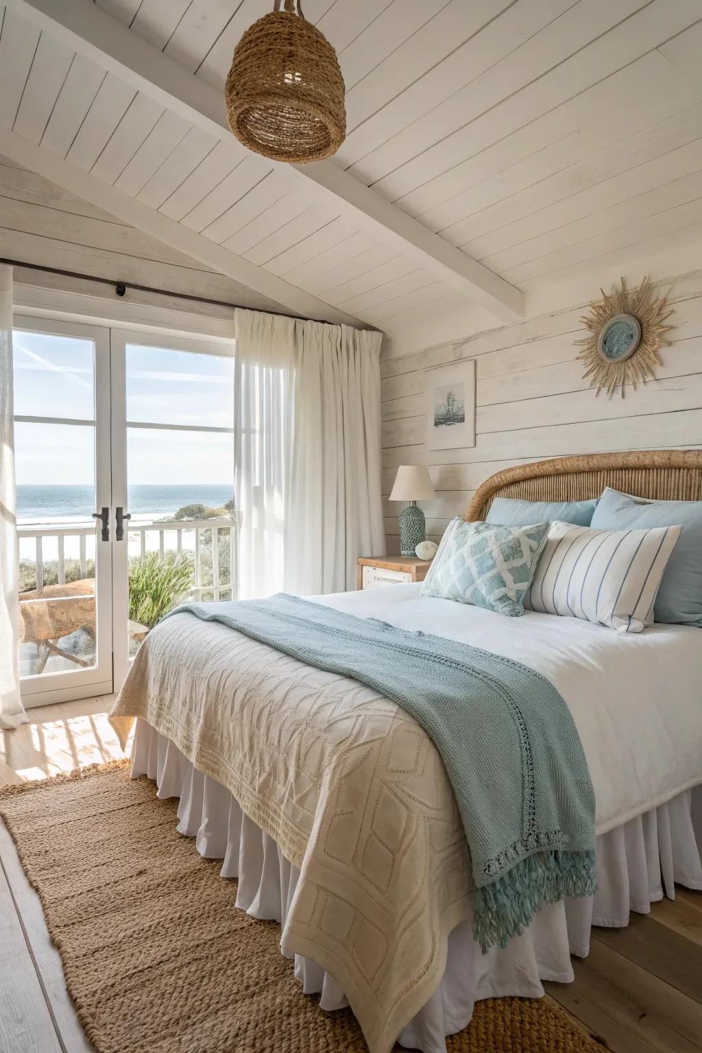 A soothing color palette of whites and blues brings the calming essence of the seaside right into your bedroom.