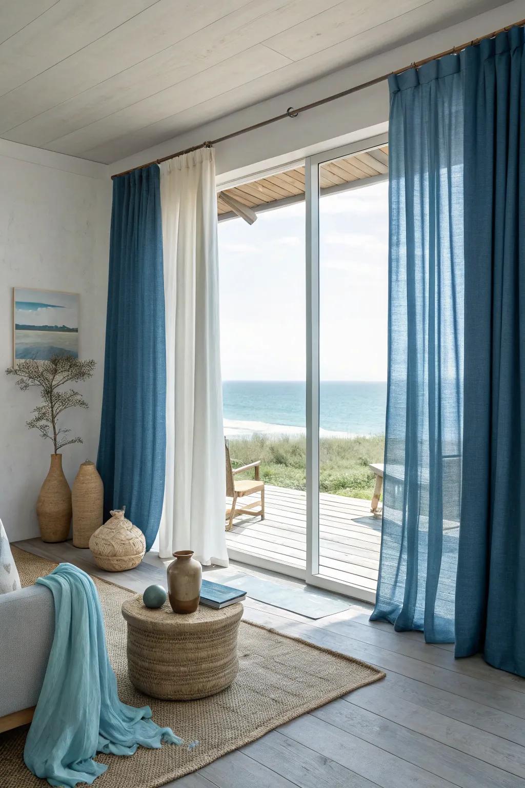 Dive into tranquility with ocean-inspired blue curtains.