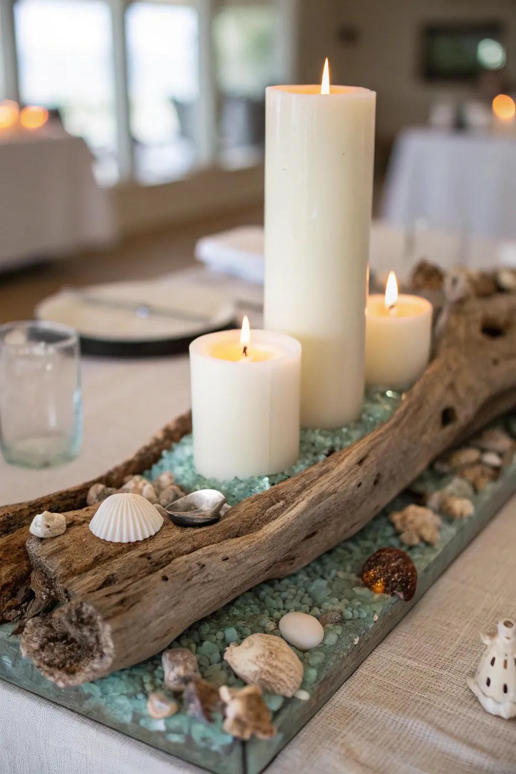Create a cozy coastal atmosphere with a driftwood candle garden. Let the flickering lights dance off the sea glass for an oceanic glow.