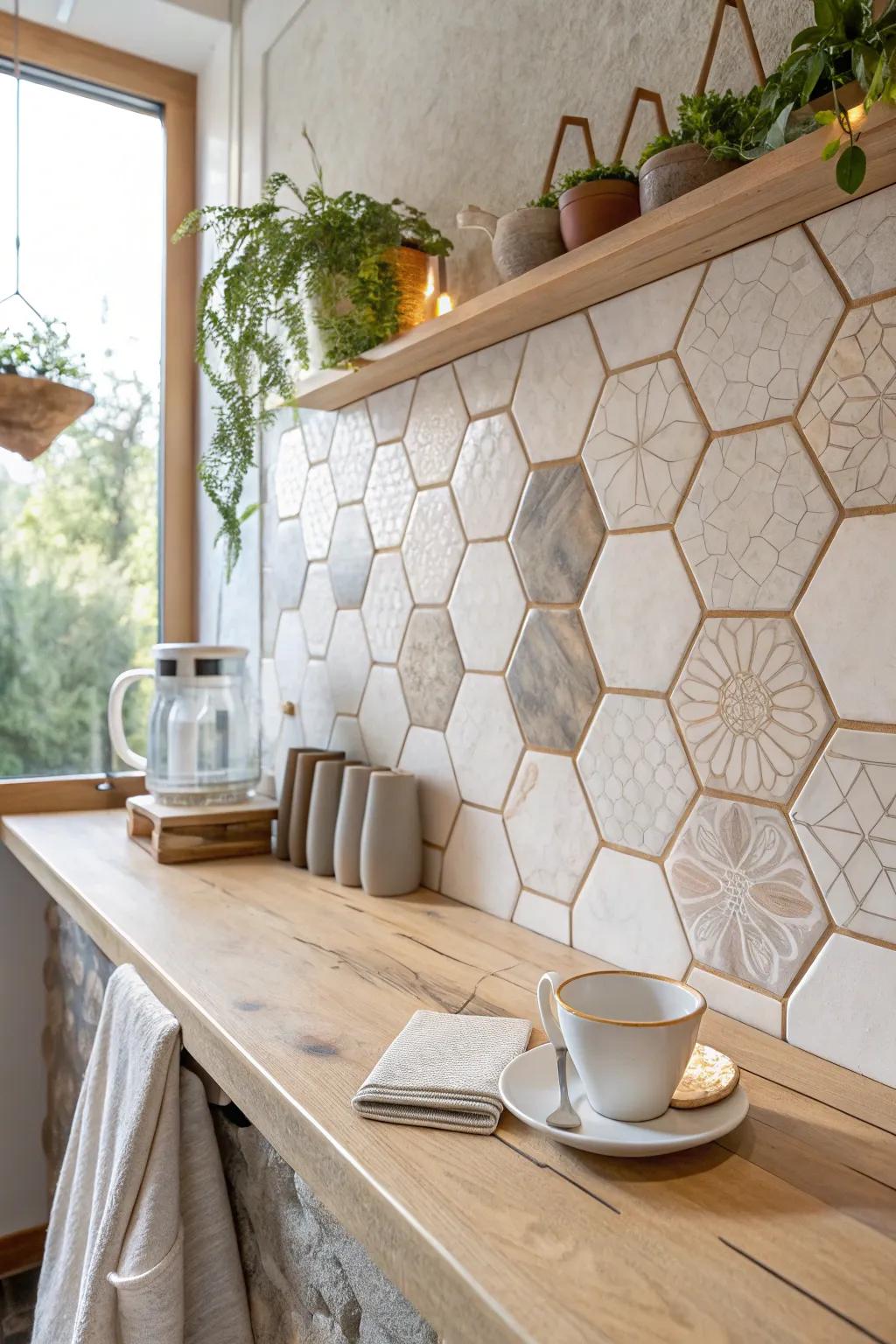 Add a dash of modernity with hexagonal tiles for a coffee bar that stands out.