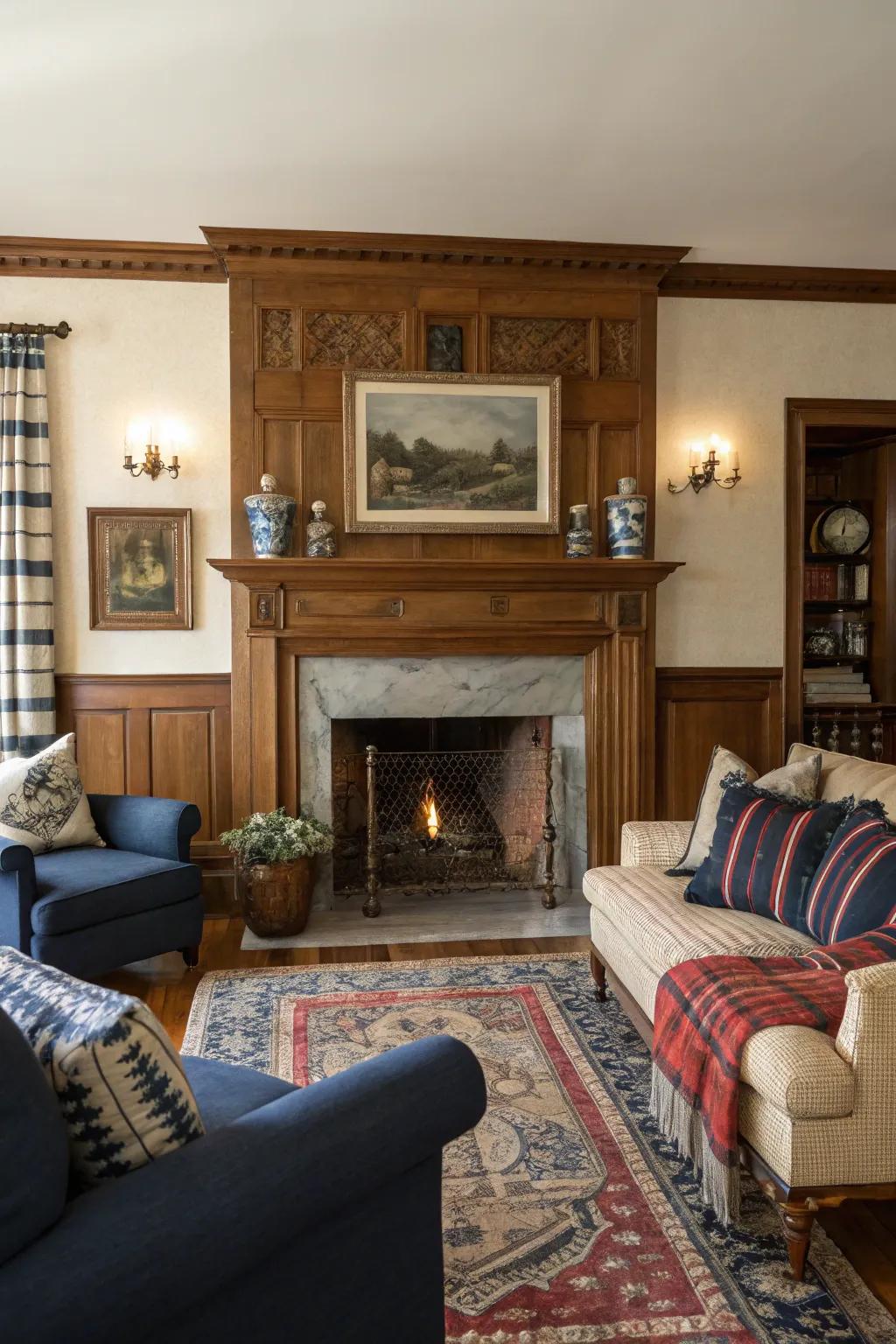 A classic fireplace with a wooden mantel brings warmth and history to your colonial living room.