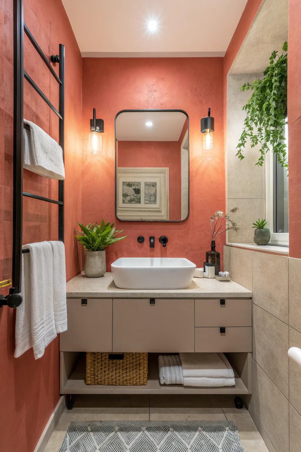A coral feature wall brings warmth and personality to any bathroom space.