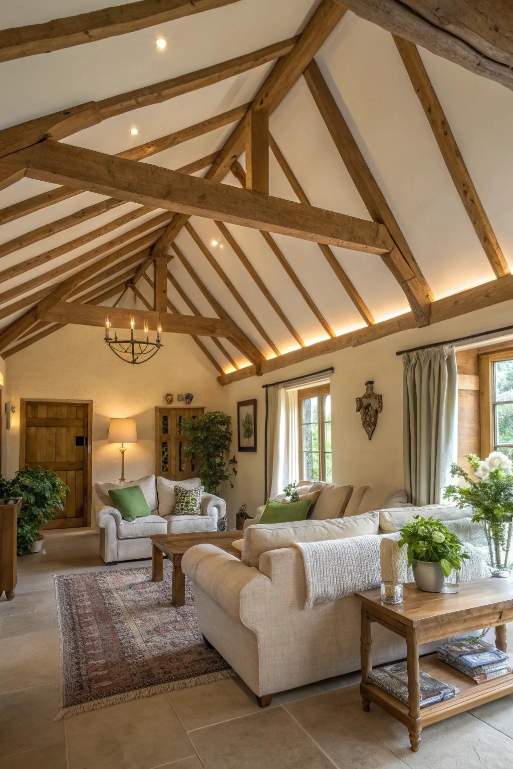 Rustic beams create a stunning focal point, adding warmth and character to cottage-style living rooms.