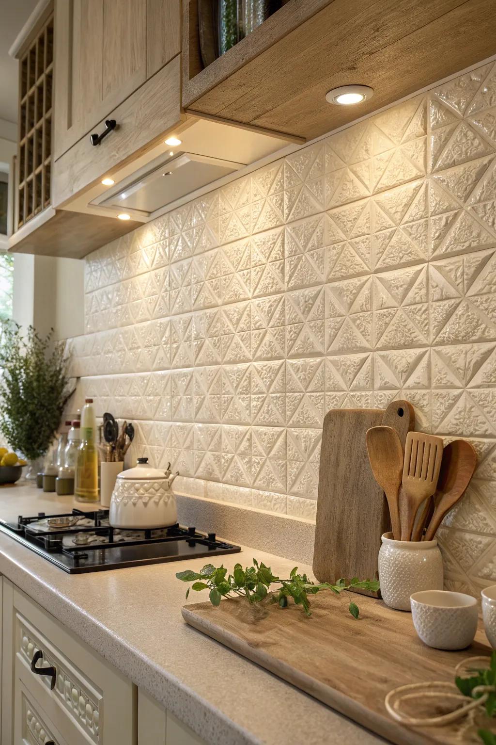 Textured cream tiles bring a dynamic and sophisticated touch to any kitchen space.