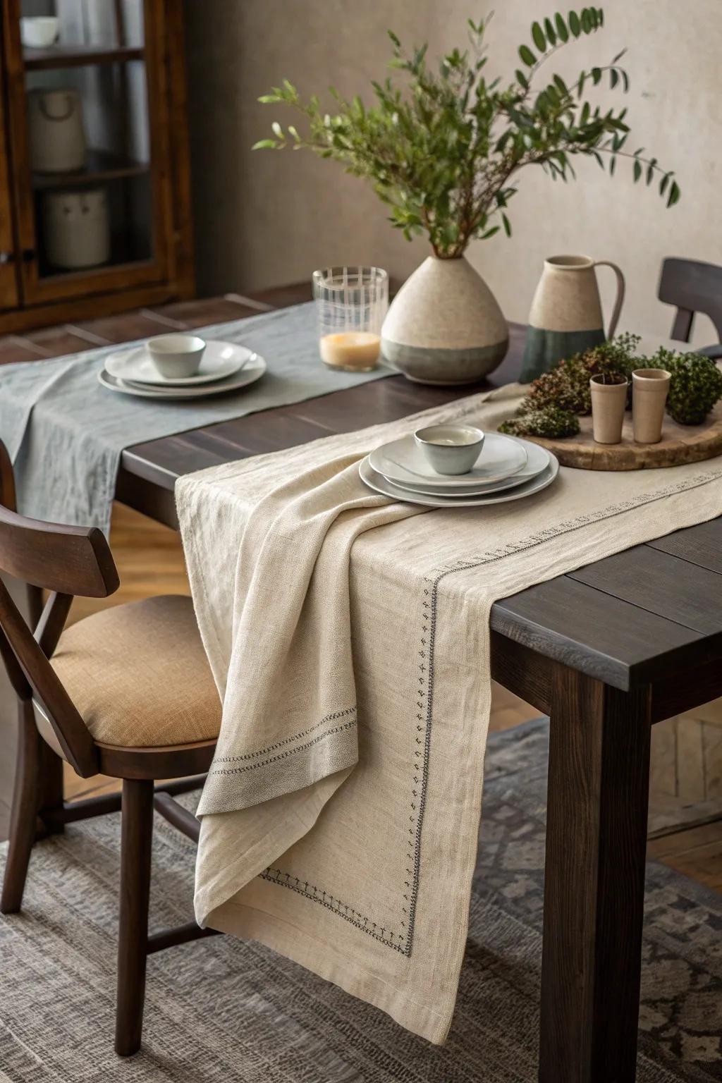 Neutral linens provide a serene backdrop, allowing the beauty of dark wood to stand out. #TableSetting #HomeDecor