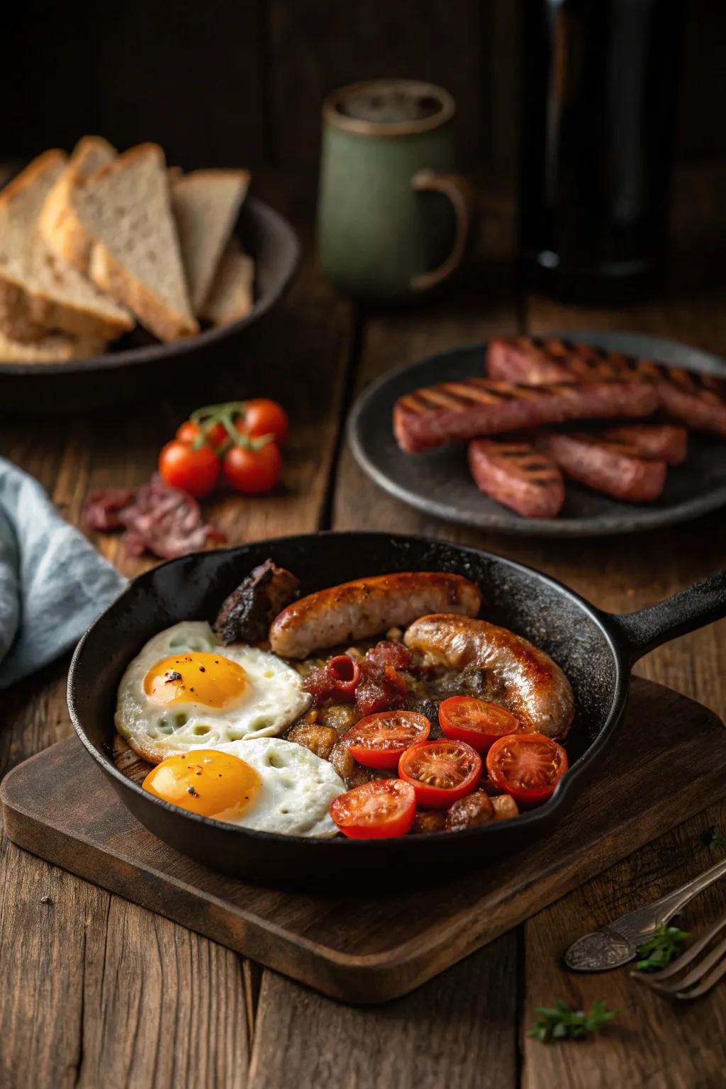 Indulge in the ultimate breakfast experience with this classic full English spread, perfect for a cozy morning at home.