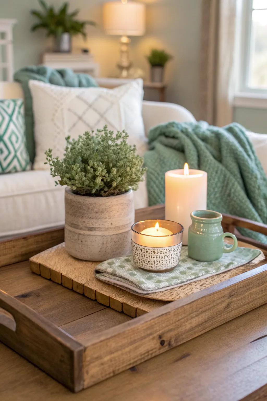 A rustic wooden tray on your end table adds warmth and texture, perfectly grounding your farmhouse decor.