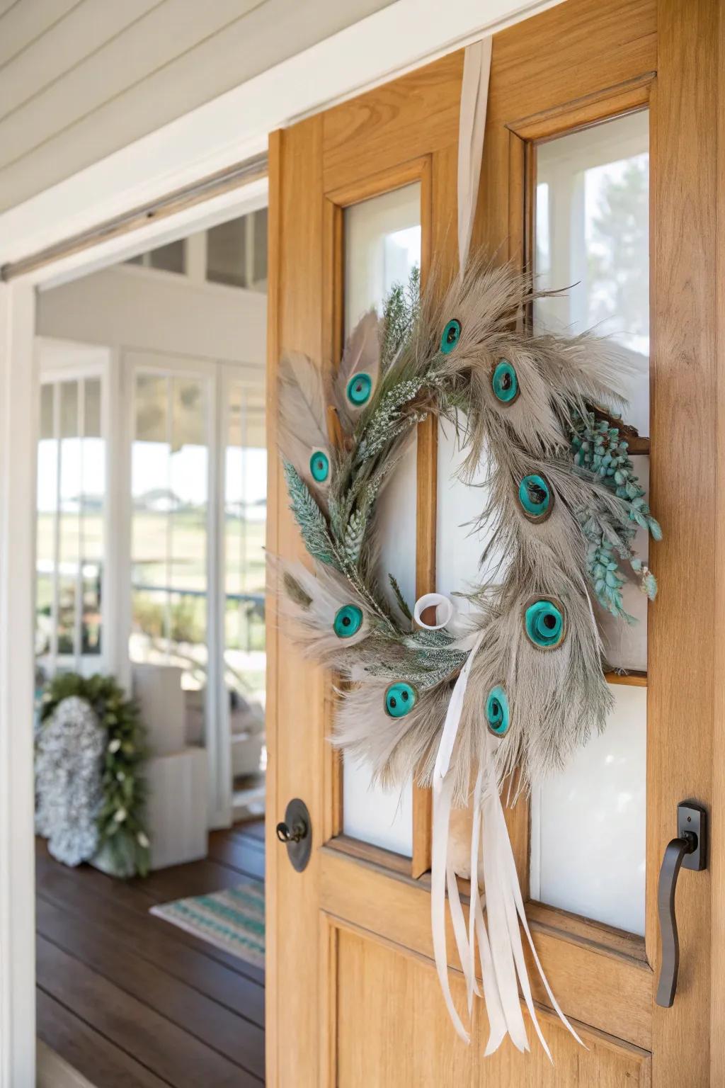 Welcome guests with a stunning feather wreath that adds a touch of elegance to your entrance.