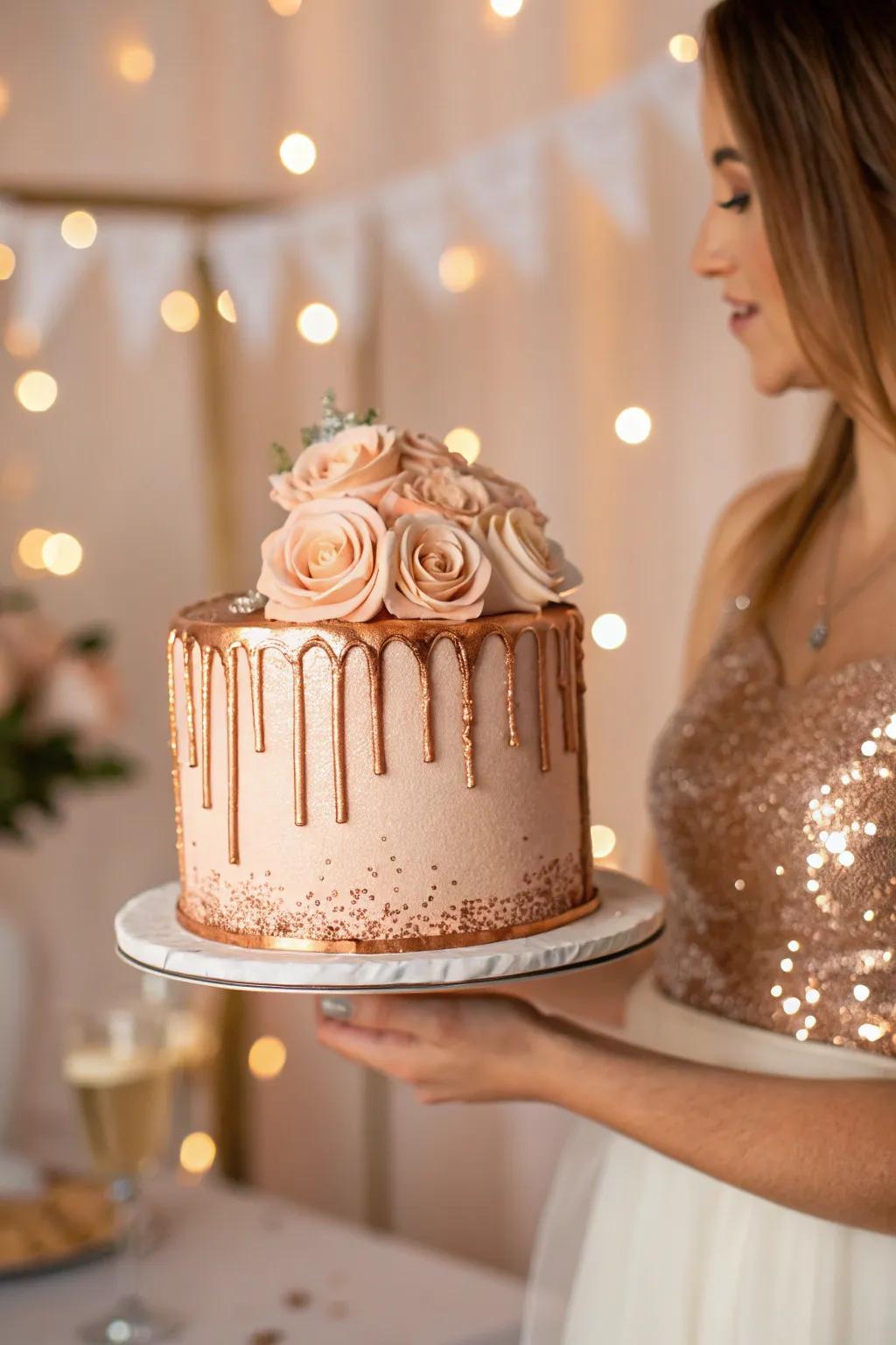 Add a touch of sparkle with a rose gold drip cake that's sure to impress at any celebration. #BirthdayCake #RoseGold #PartyInspiration