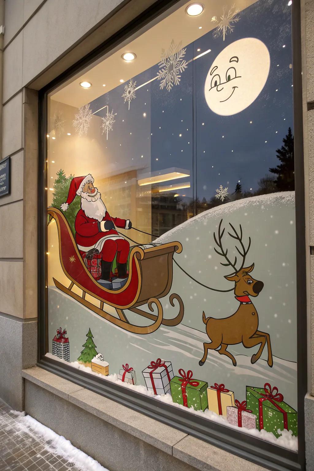 Get a chuckle with Santa's silly sleigh ride, turning your window into a scene of holiday hilarity.