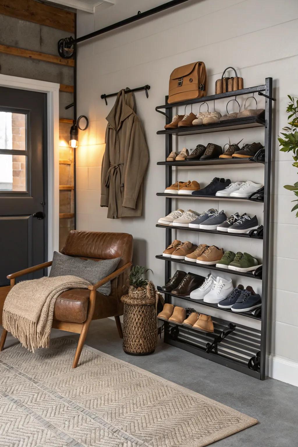 Free up floor space with elegant wall-mounted shoe racks for a clutter-free garage.