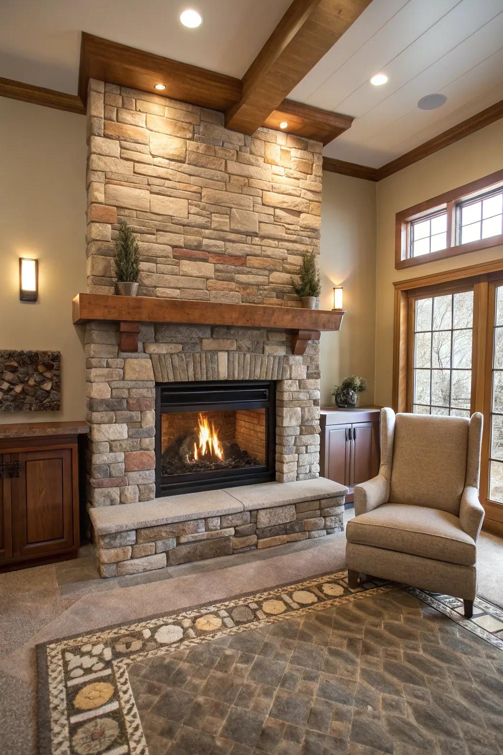 Embrace the timeless appeal of stone and brick for a hearth that exudes rustic elegance.