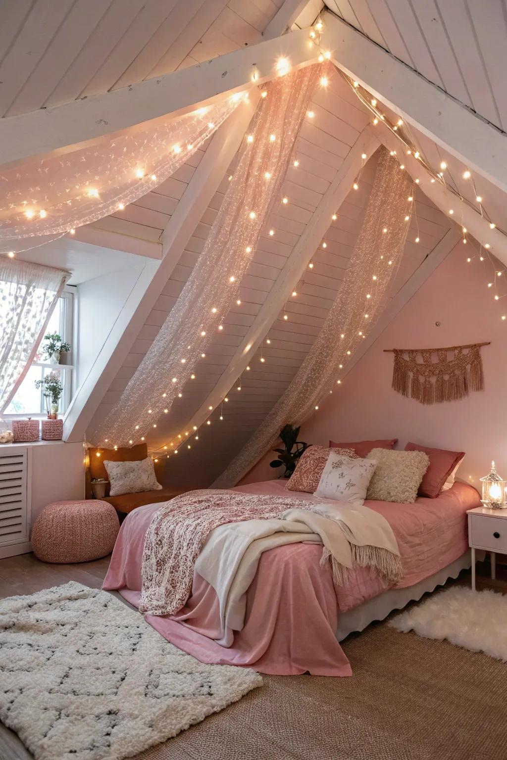 String lights add a magical touch to this attic bedroom, making it feel like a cozy retreat.