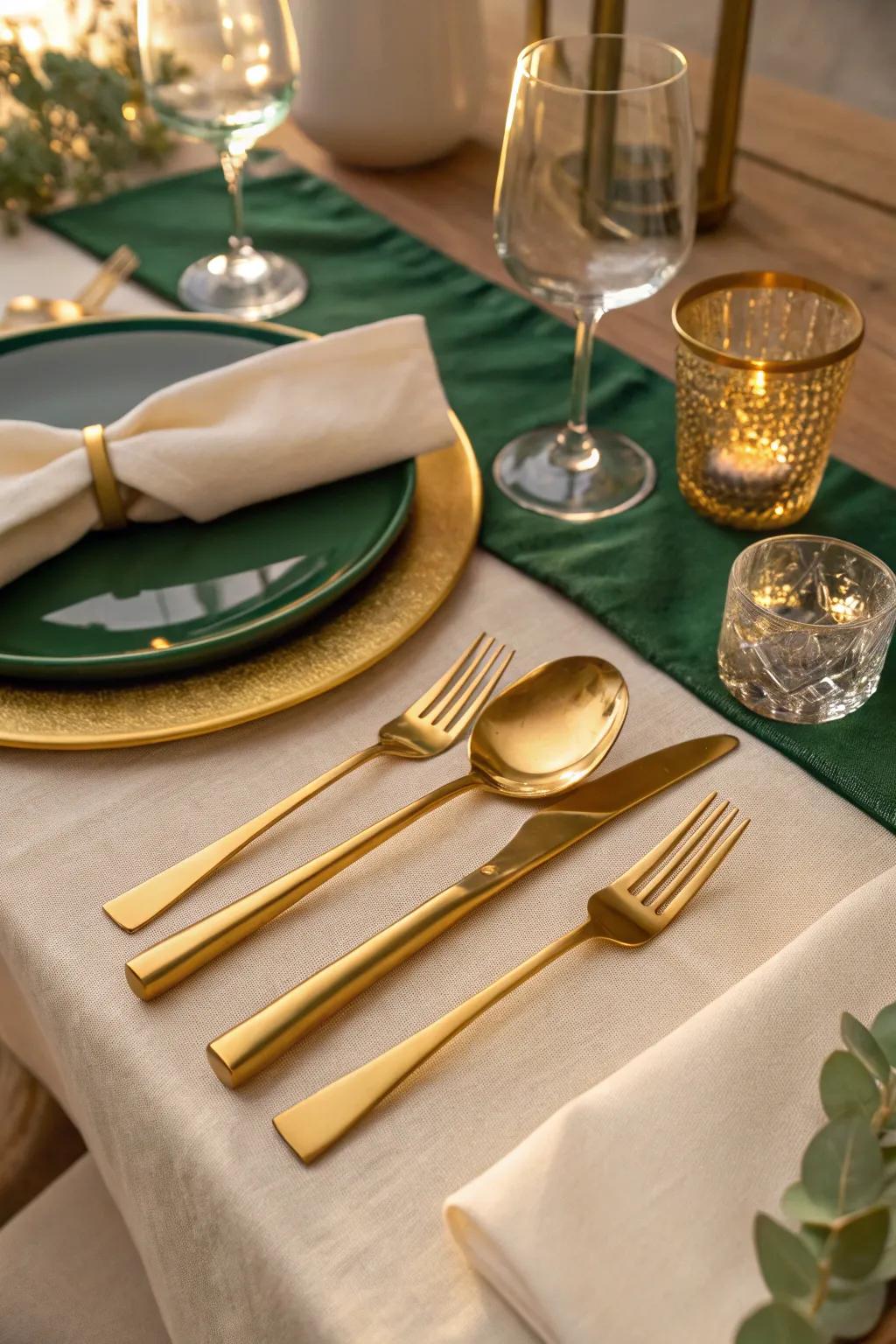 Shimmering gold cutlery transforms any dining experience into a regal affair. #TableSetting #GoldDecor