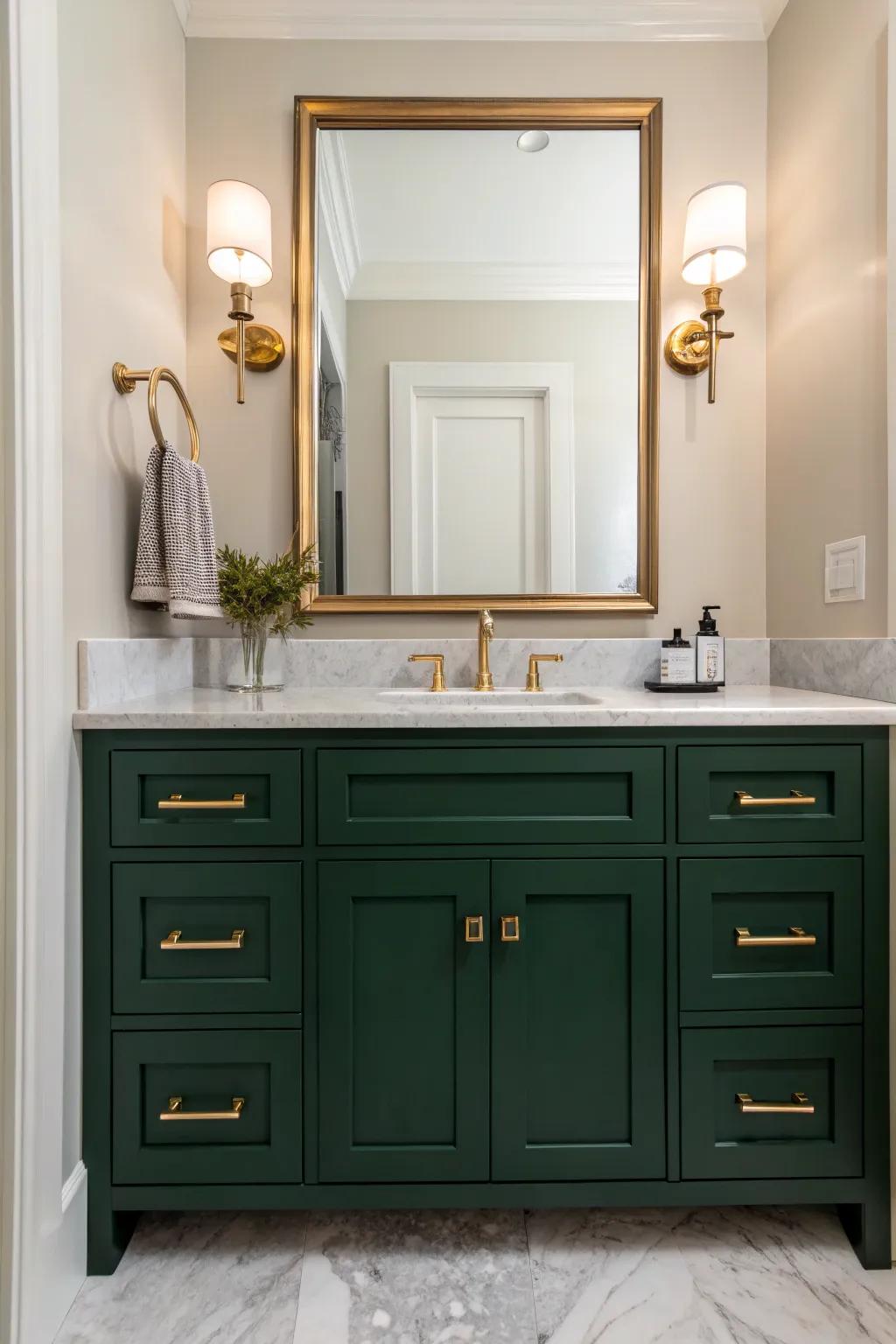Dive into the depths of elegance with a forest green vanity, perfectly paired with marble and gold accents.