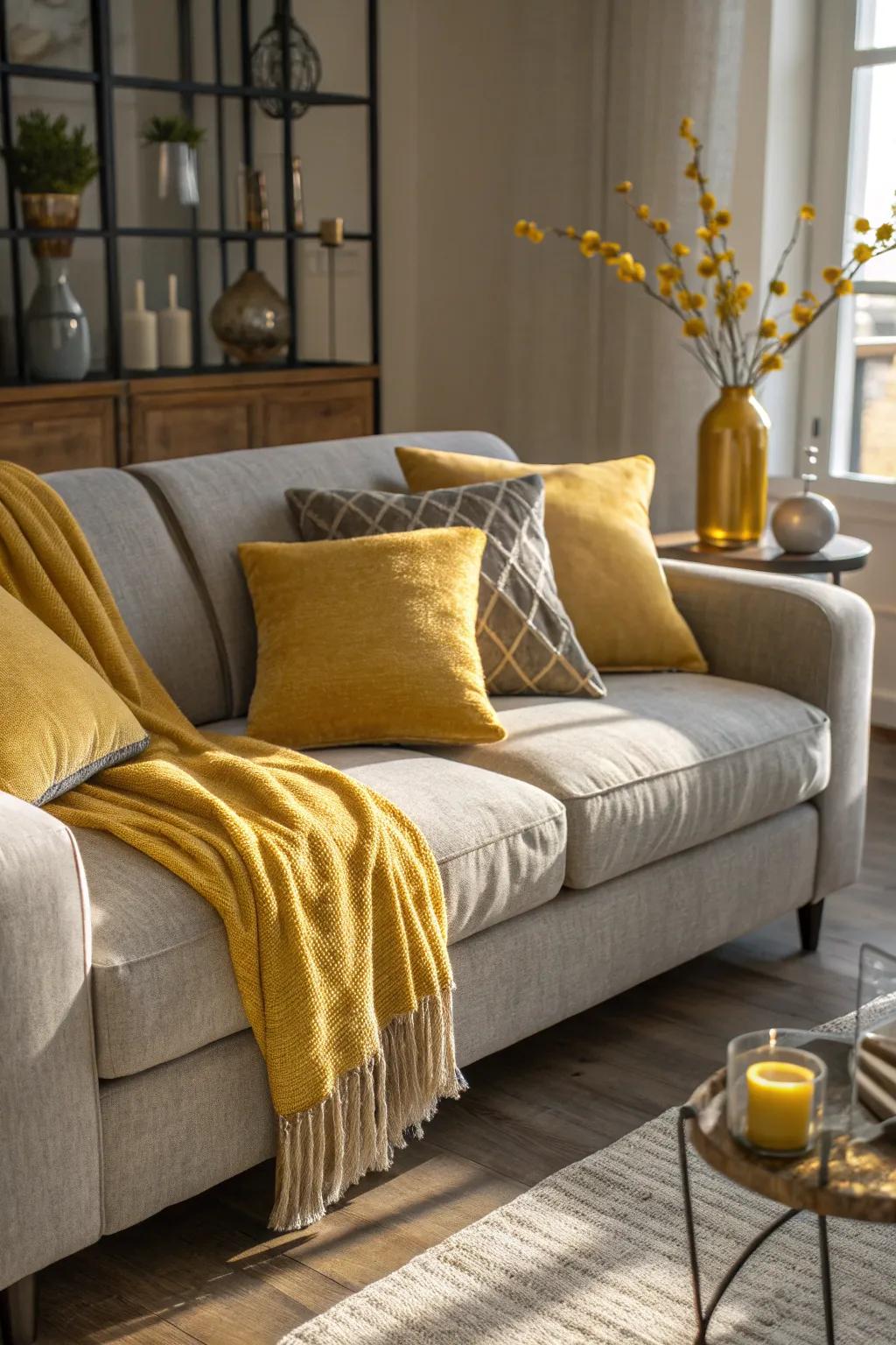 Brighten your grey sofa with a splash of yellow cushions. The perfect way to add warmth and personality to your living room.