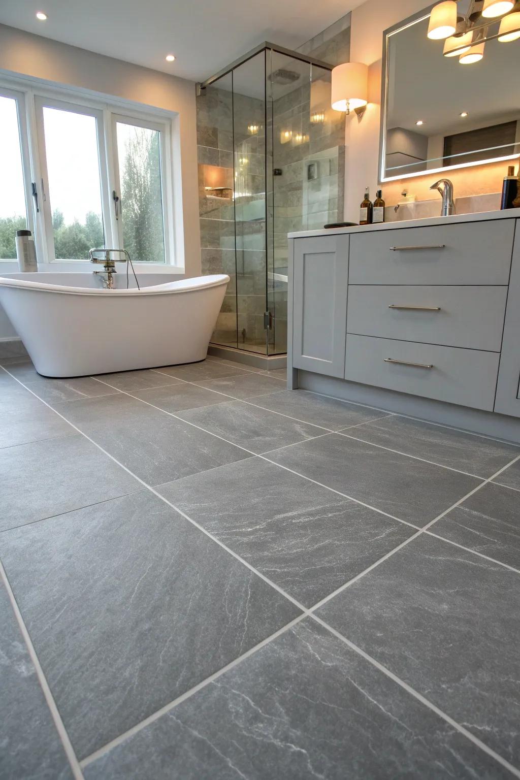 Expansive grey tiles open up your bathroom space, creating a sleek and modern feel.