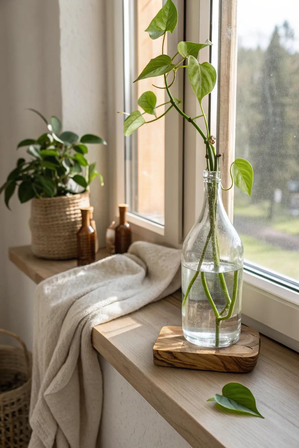 Old bottles gain new life with vibrant pothos stems and roots on display. #Reuse #ChicDecor