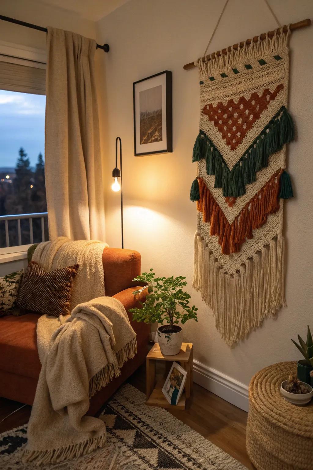 Create a cozy atmosphere with a handmade woven wall hanging that adds texture and charm.