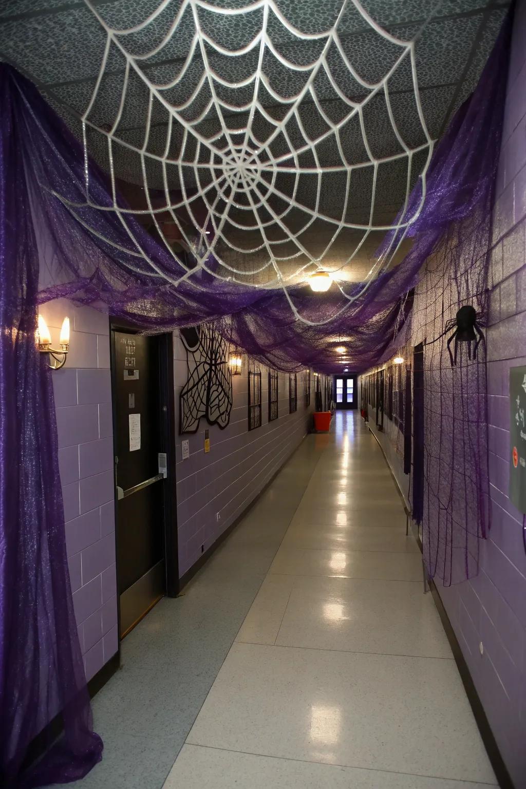 Create a web of intrigue with layered spider webs that captivate and creep. 🕸️ #HalloweenDecor #SpookyHallway