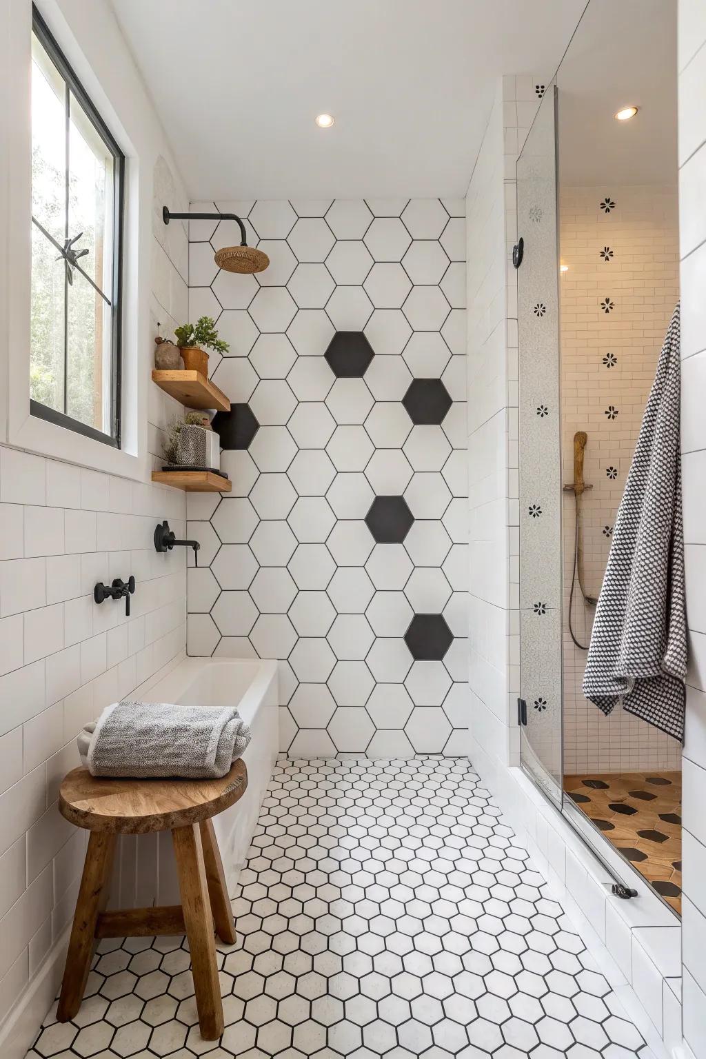 Classic never goes out of style with black and white hexagon tiles creating a bold statement. #BathroomGoals #VintageVibes