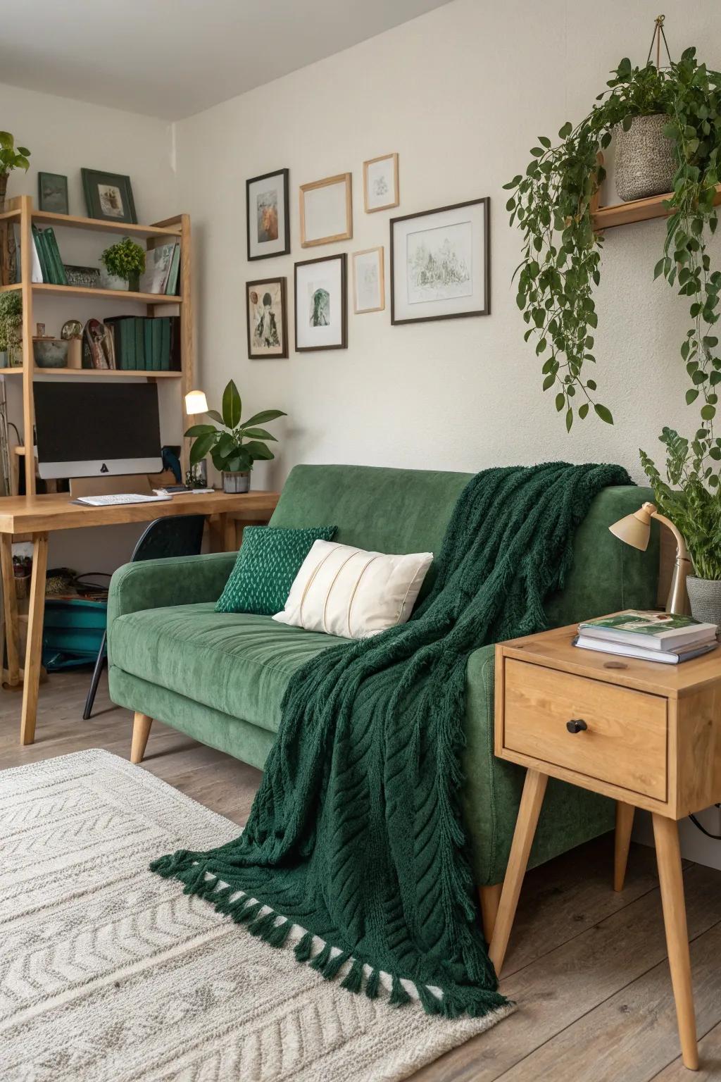 Merge work and leisure in style with a seamless desk and couch arrangement.