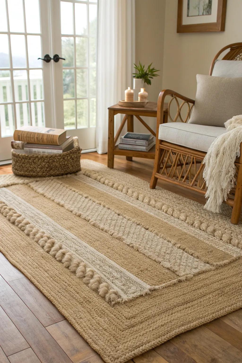A neutral base rug sets the stage for creativity, allowing bold patterns to take center stage.